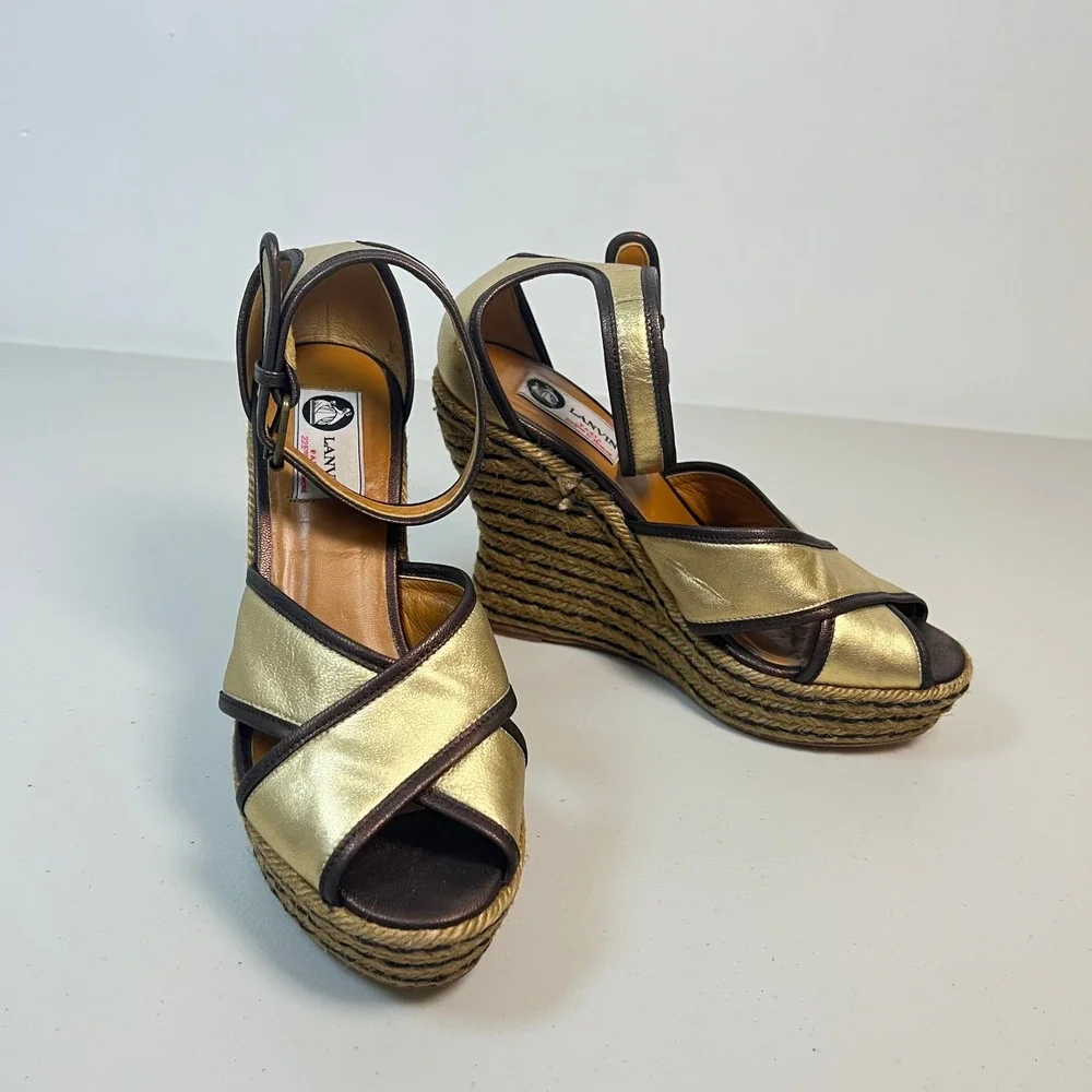 Lanvin Womens Wedge Espadrille Platform‎ Sandal Gold Brown Size 39 8